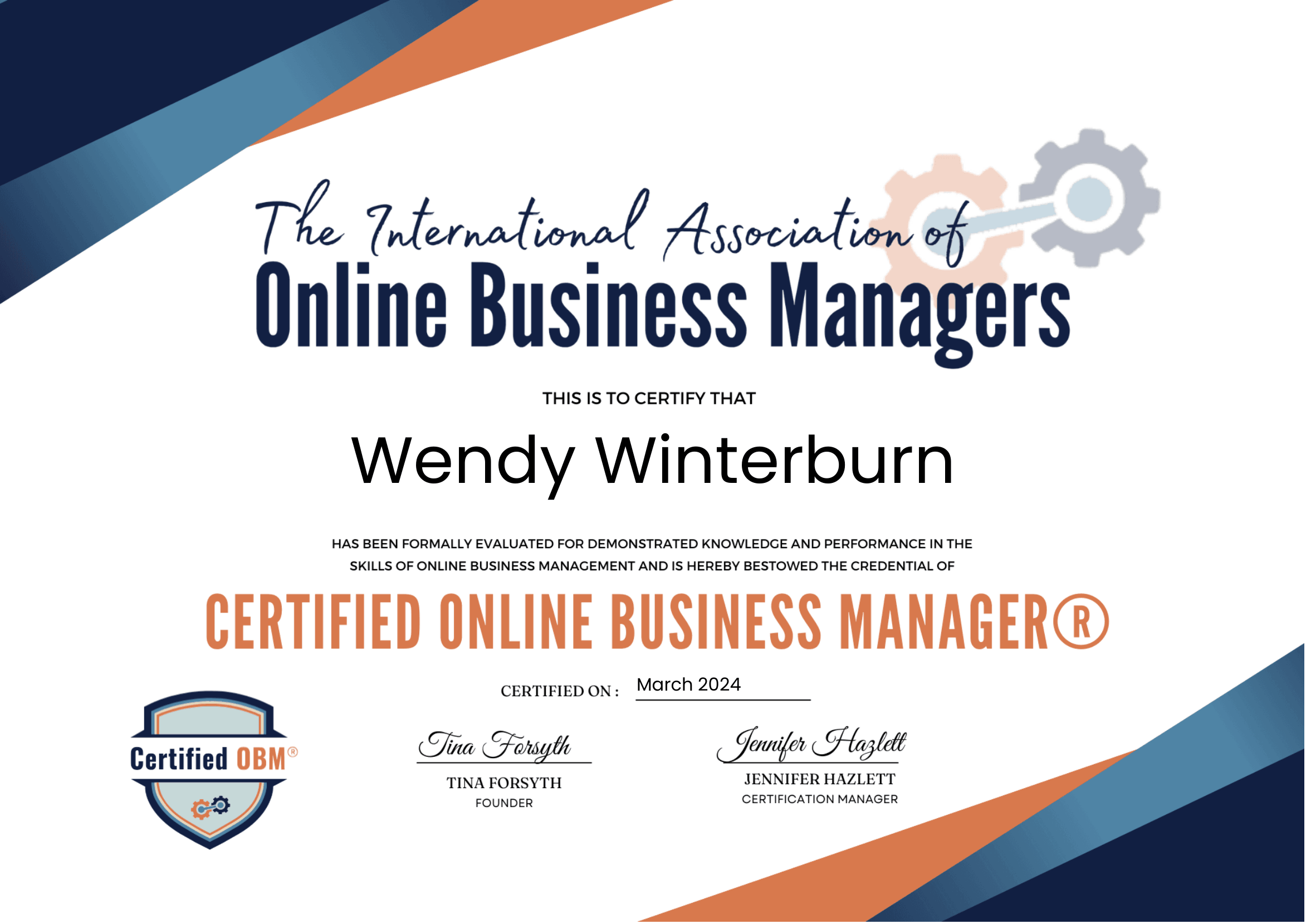 Wendy Winterburn OBM Certificate